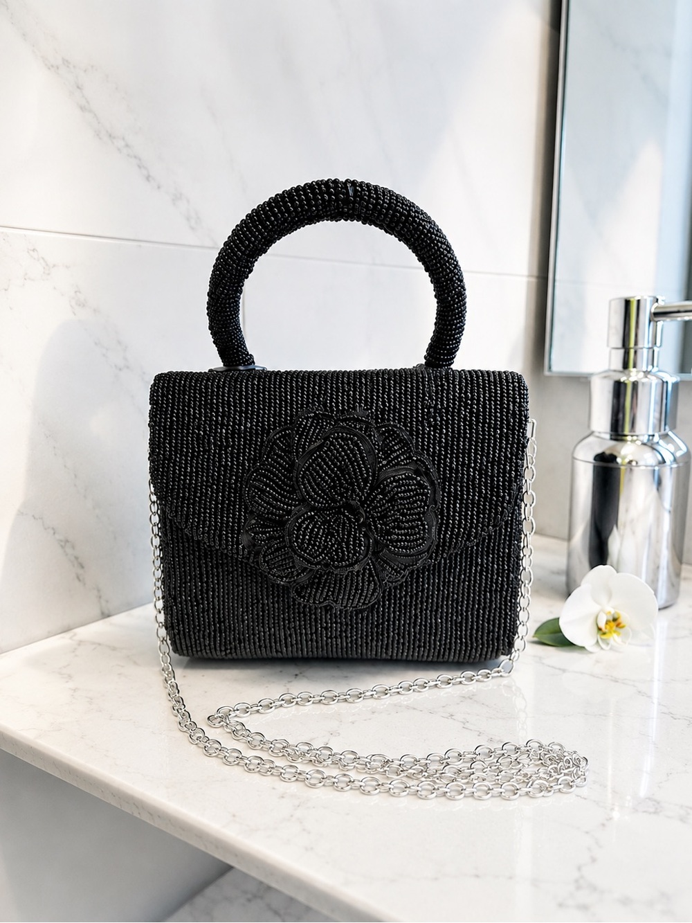 NWT Rachel Zoe Black Beaded Mini Top Handle Crossbody Bag | Floral Evening Purse